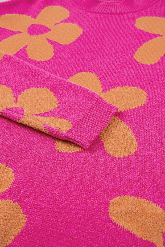 Pull à manches longues et col montant à motif de grandes fleurs roses