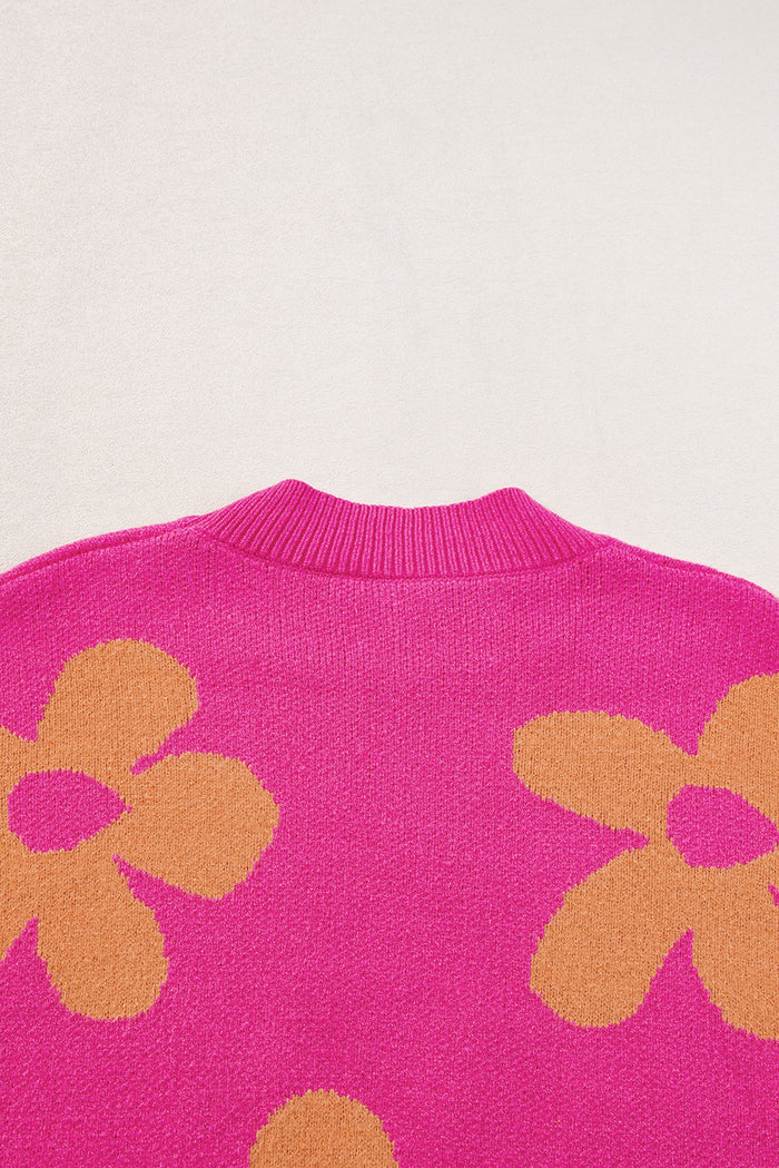 Pull à manches longues et col montant à motif de grandes fleurs roses