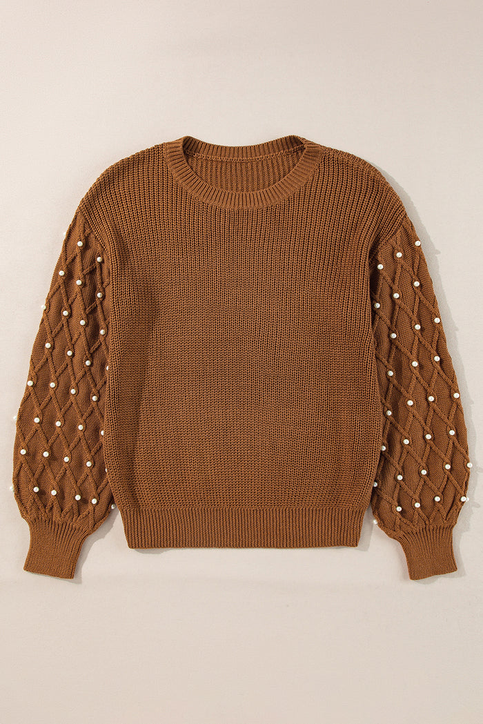 Pull châtain à col rond et épaules tombantes perlées