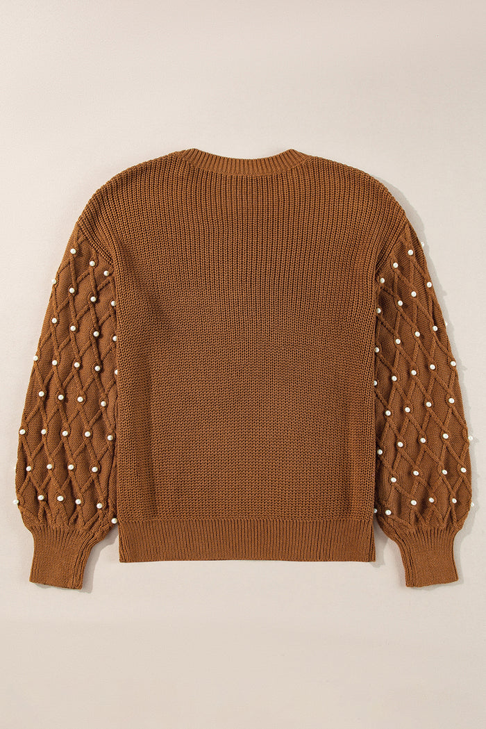 Pull châtain à col rond et épaules tombantes perlées