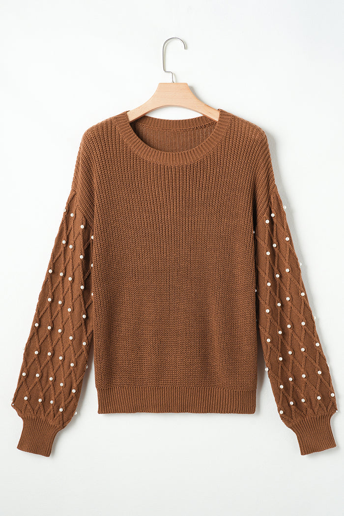 Pull châtain à col rond et épaules tombantes perlées