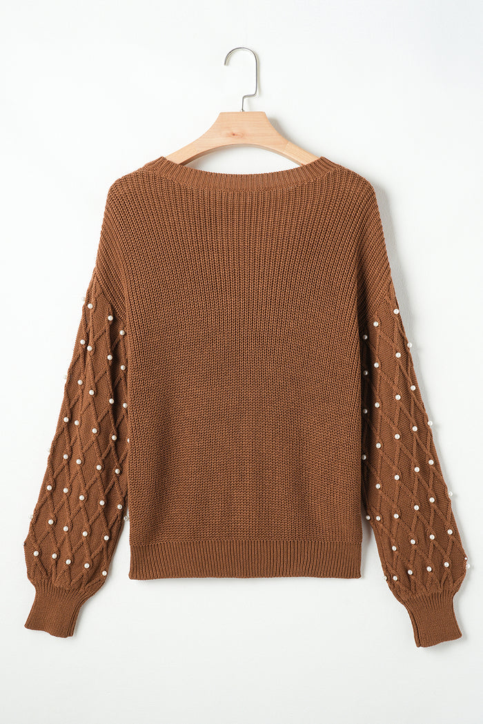 Pull châtain à col rond et épaules tombantes perlées