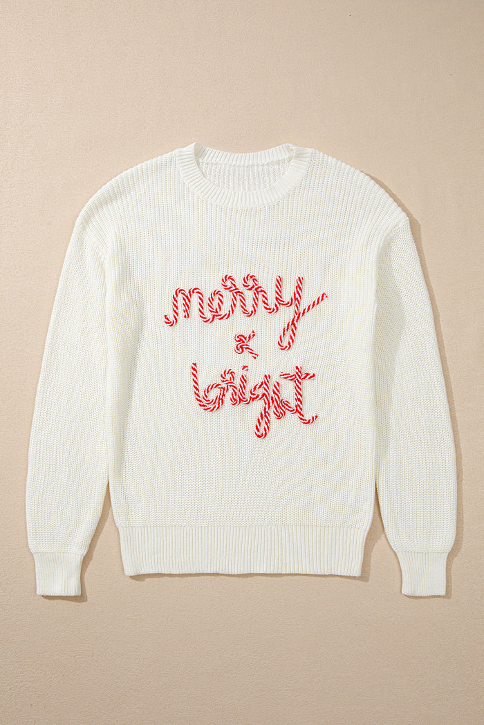 Pull de Noël à rayures blanches avec lettres joyeuses et lumineuses
