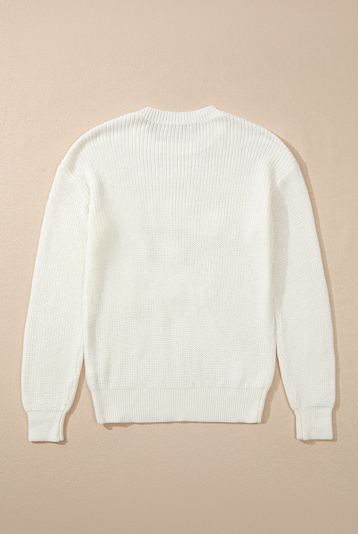 Pull de Noël à rayures blanches avec lettres joyeuses et lumineuses