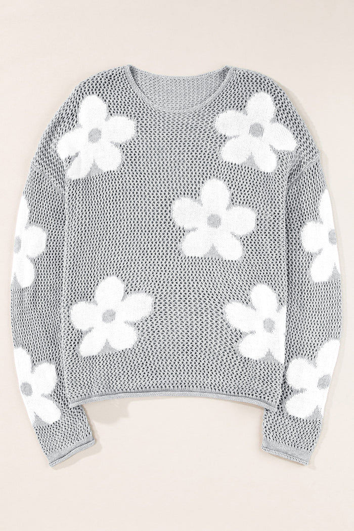 Pull gris clair à épaules tombantes en tricot ajouré à grandes fleurs