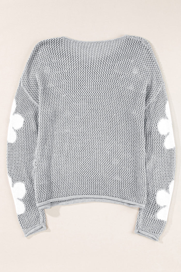 Pull gris clair à épaules tombantes en tricot ajouré à grandes fleurs