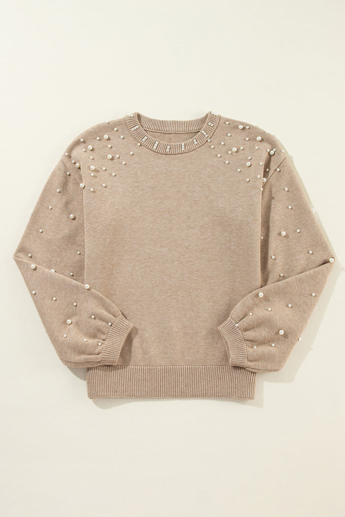 Pull gris fumée à col rond et épaules tombantes perlées *