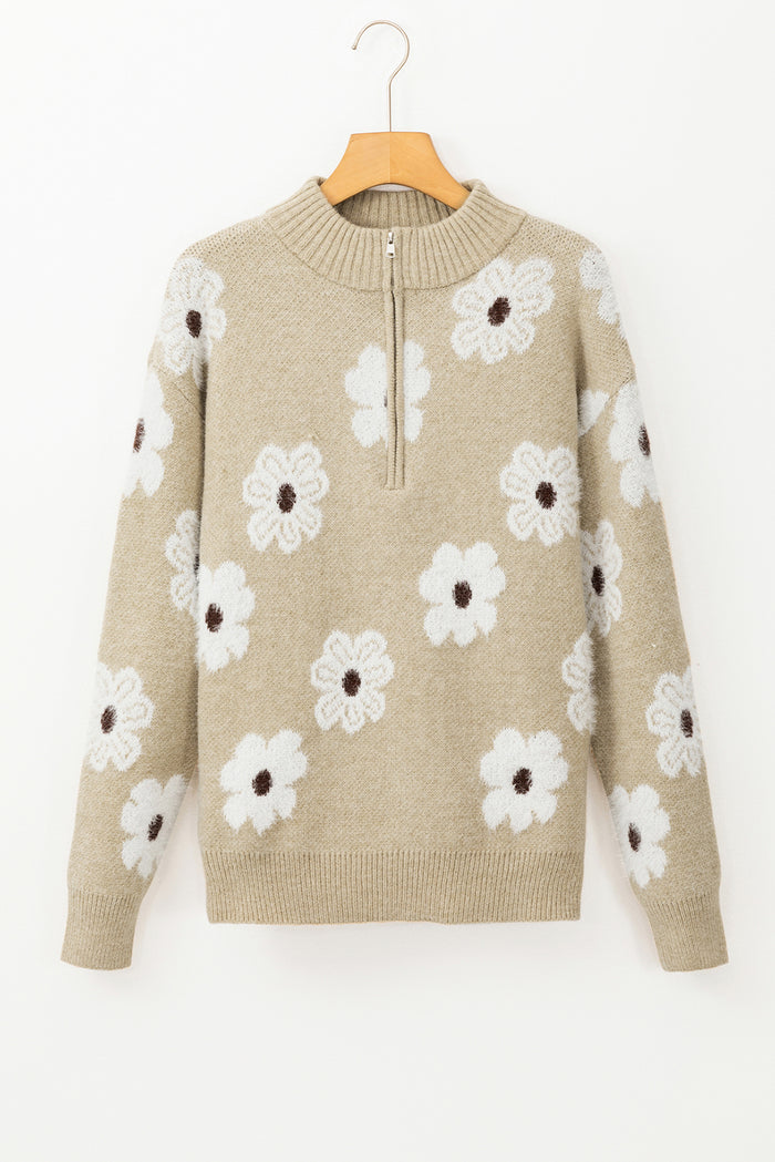 Pull kaki à motif floral et demi-zip *