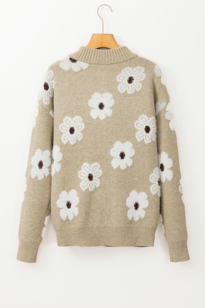 Pull kaki à motif floral et demi-zip *
