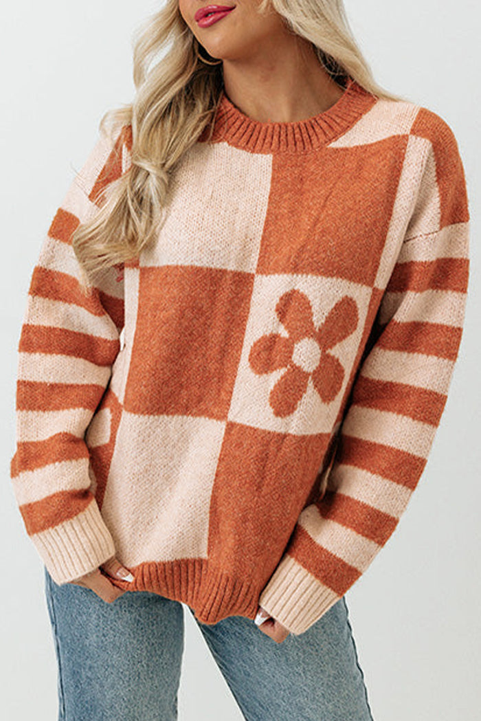 Pull marron à manches rayées et imprimé floral *