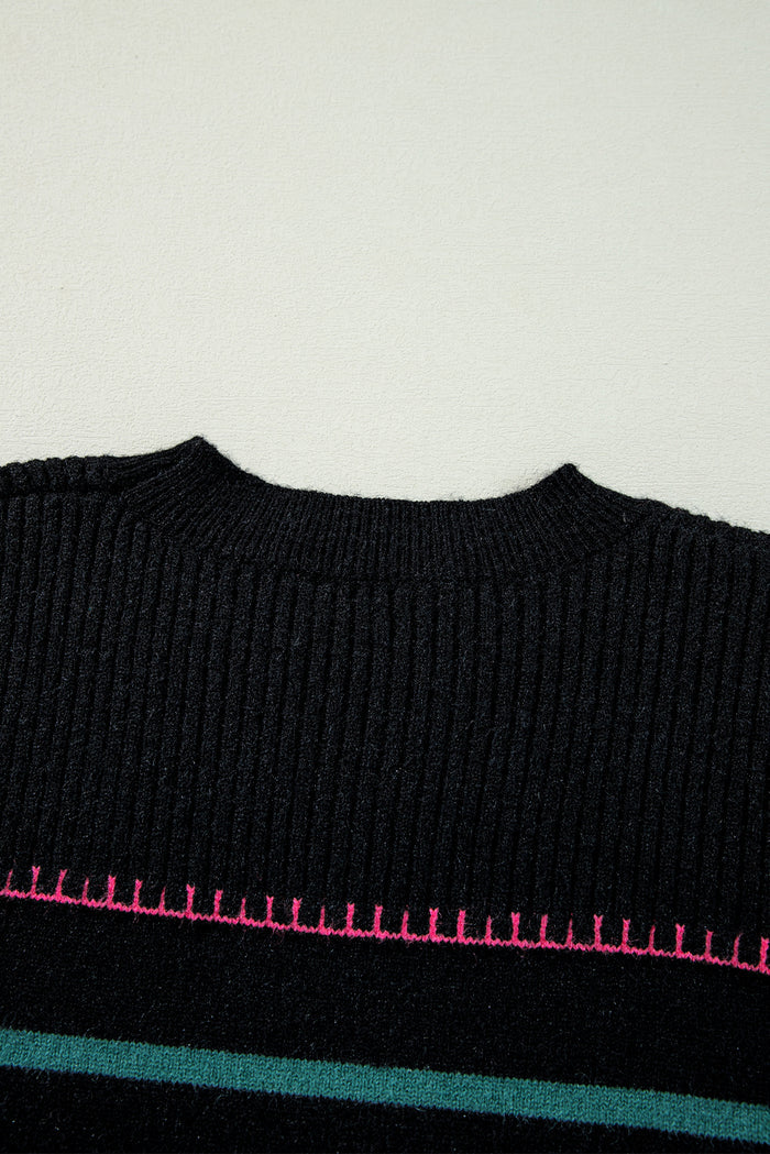 Pull noir à bordures côtelées à rayures colorées
