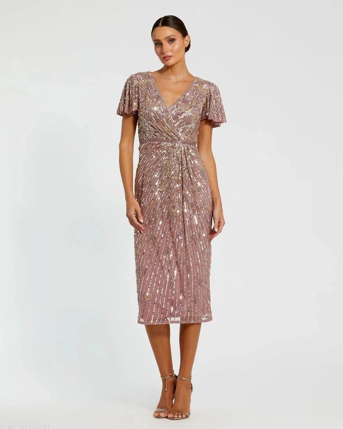 Purple Embellished Faux Wrap Flutter Sleeve Dress Mac Duggal
