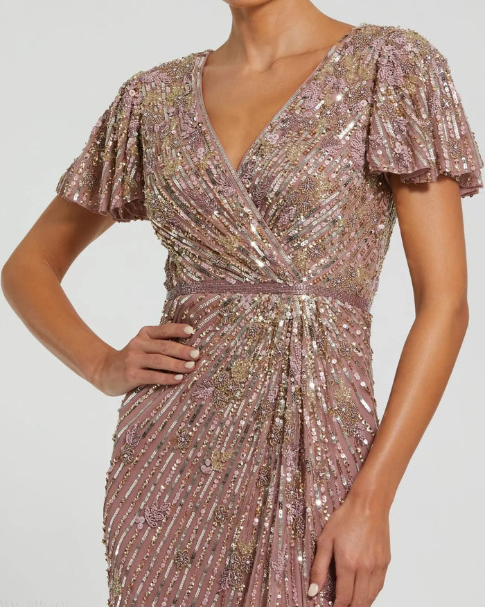 Purple Embellished Faux Wrap Flutter Sleeve Dress - Mac Duggal