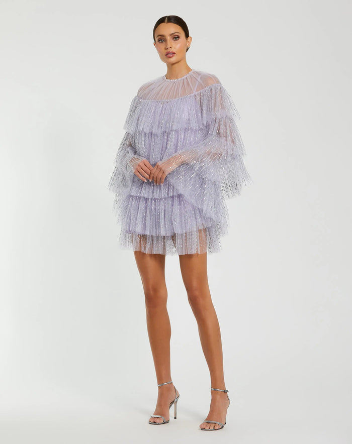 Purple Embellished High Neck Ruffle Mini Dress - Mac Duggal