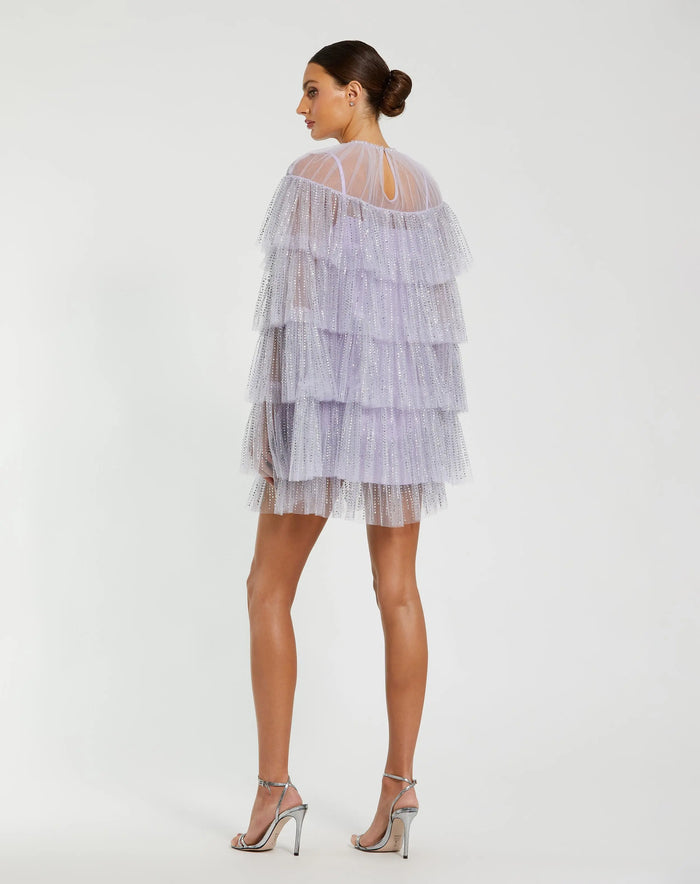 Purple Embellished High Neck Ruffle Mini Dress - Mac Duggal