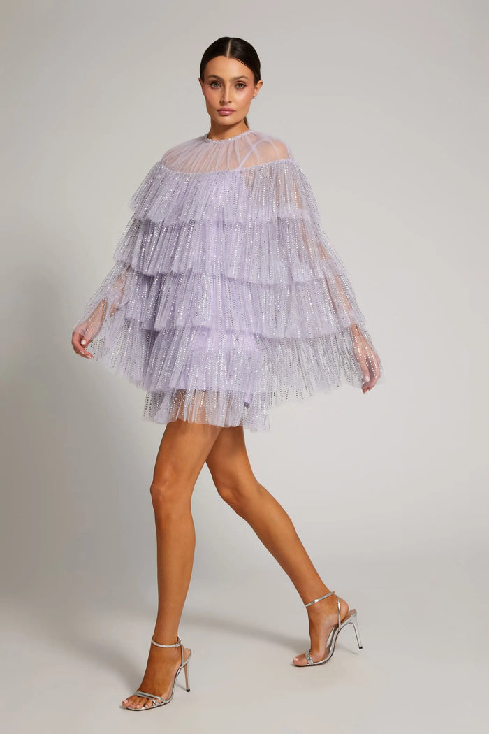 Purple Embellished High Neck Ruffle Mini Dress Mac Duggal