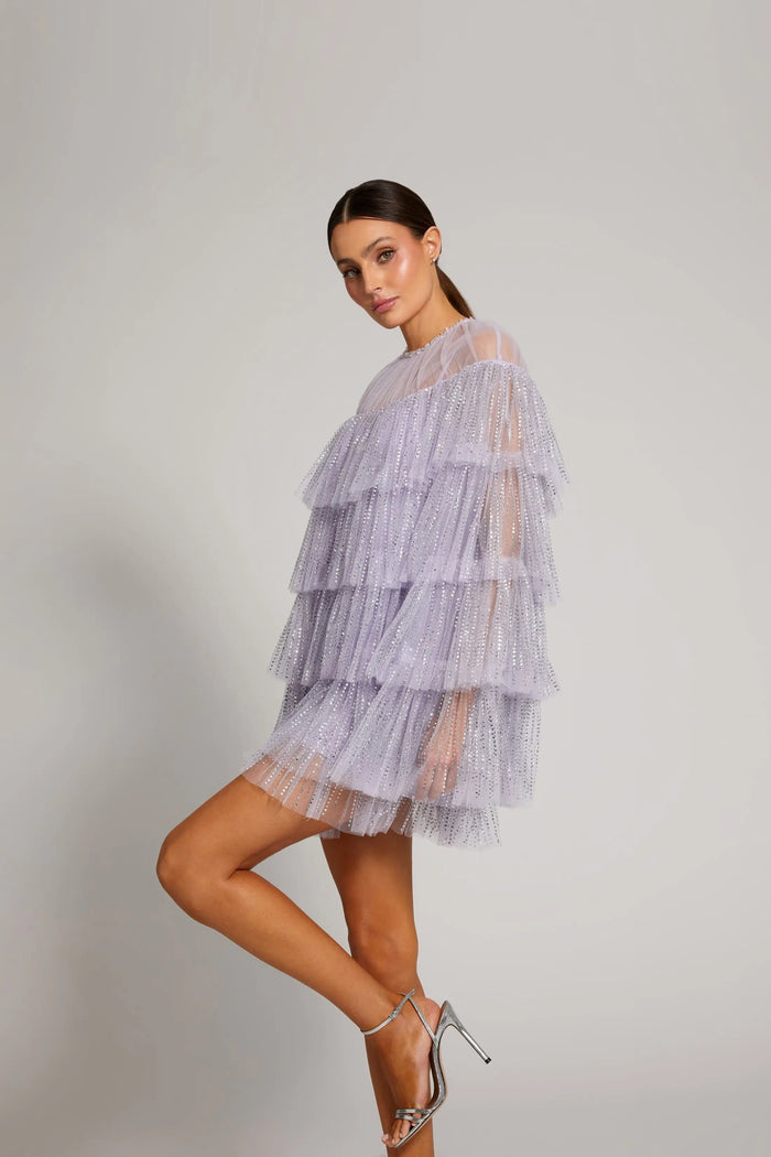 Purple Embellished High Neck Ruffle Mini Dress Mac Duggal
