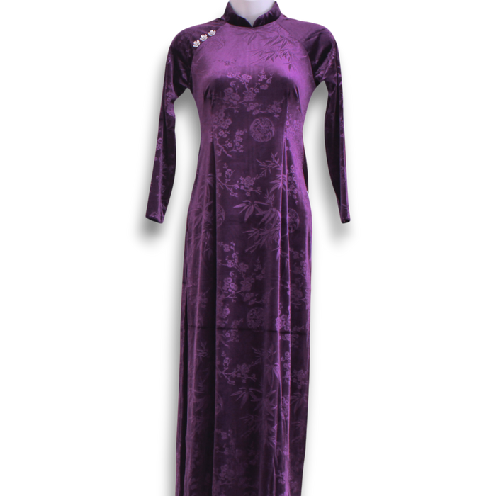 Purple velvet dress with floral pattern on a white background