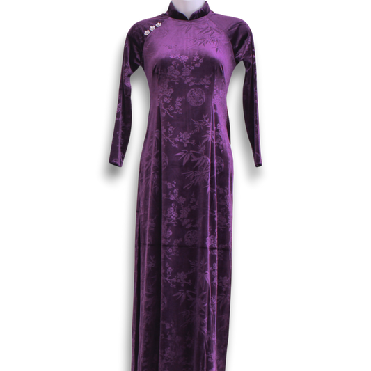 Purple velvet dress with floral pattern on a white background