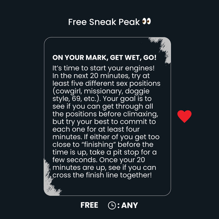 A sneak peak of the adventure "on your mark, get wet, go"  scratch-off adventure cards designed for couples