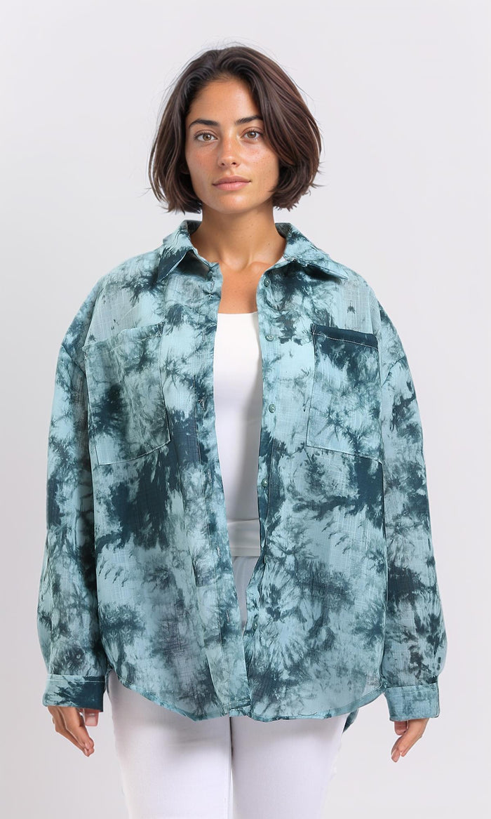 Long Sleeves Tie Dye Relaxed Shirt - Forest Green