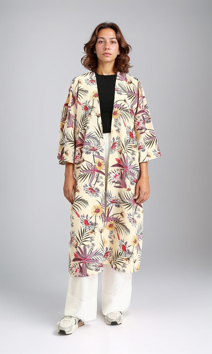 Floral Slip On Long Cardigan - Light Yellow & Red