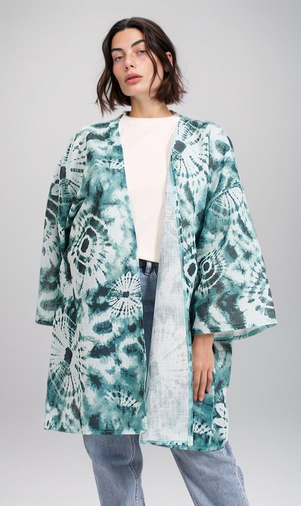 Printed Linen Kimono - Green & White Tie-Dye