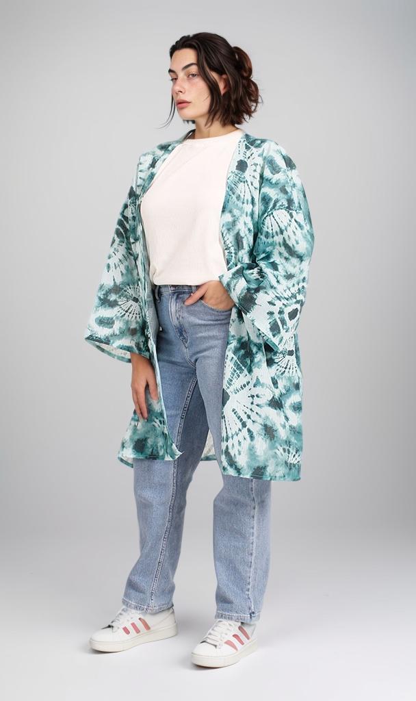 R205486 - Printed Linen Kimono - Green & White Tie-Dye