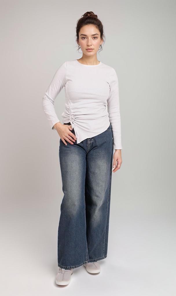 R205493-R205493 - Long Sleeve Side-Ruched Tee - White