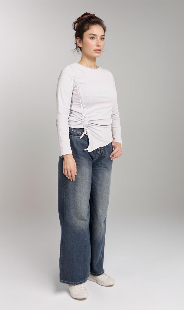 R205493-R205493 - Long Sleeve Side-Ruched Tee - White