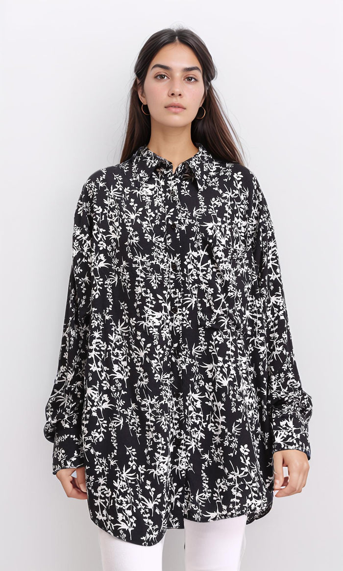Patterned Long Sleeves Summer Shirt - Black & White