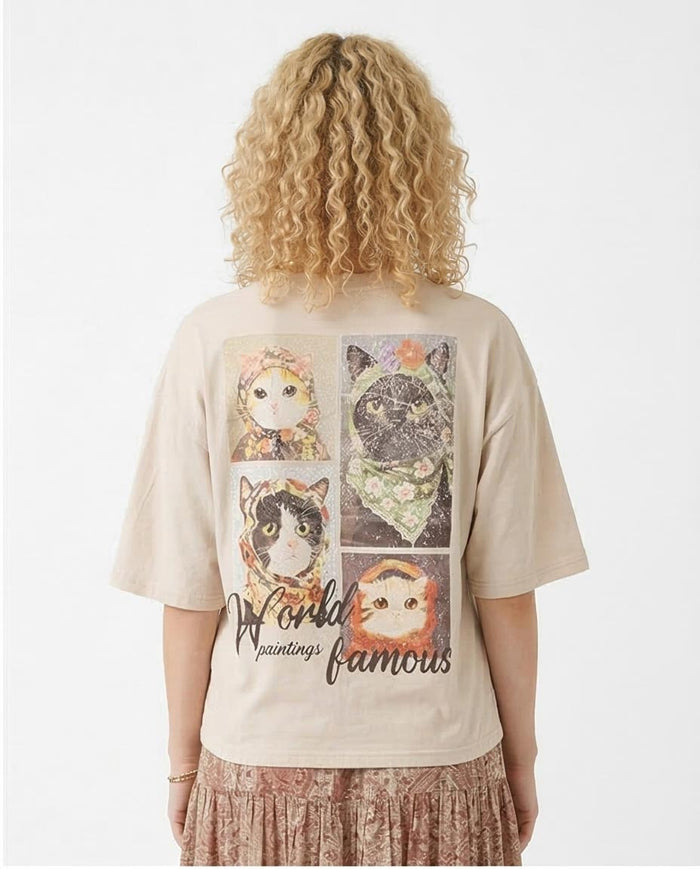 R205859 Ravin Unisex Oversized "World Famous Paintings" Cat Graphic T-Shirt – Stone Beige