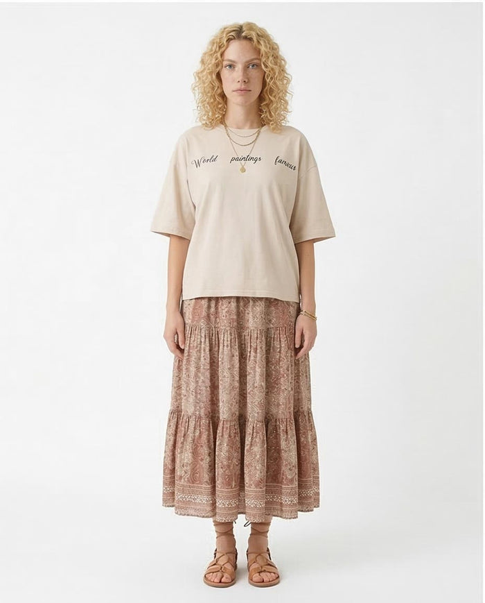R205859 Ravin Unisex Oversized "World Famous Paintings" Cat Graphic T-Shirt – Stone Beige