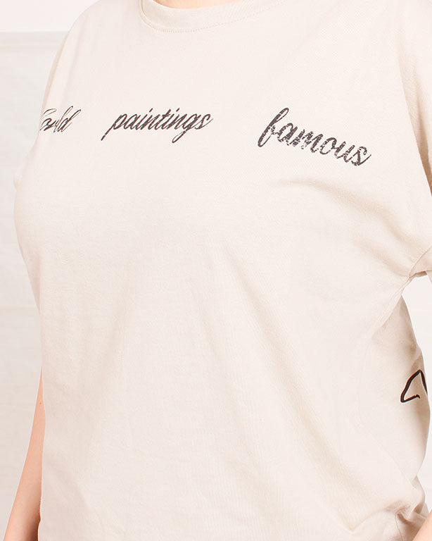 R205859 Ravin Unisex Oversized "World Famous Paintings" Cat Graphic T-Shirt – Stone Beige