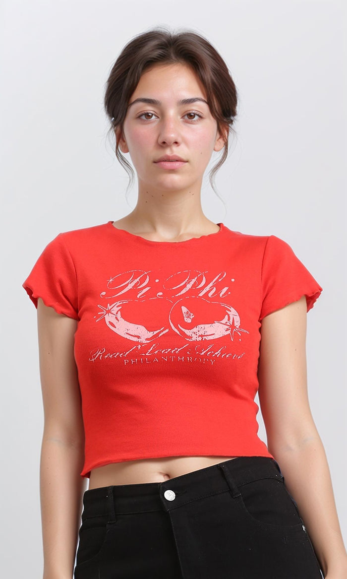 Crew Neck Short Sleeves Short Tee - Red