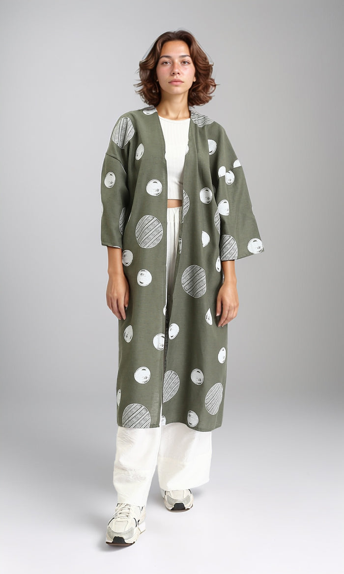 Polka Dots Long Sleeves Cardigan - Olive & White