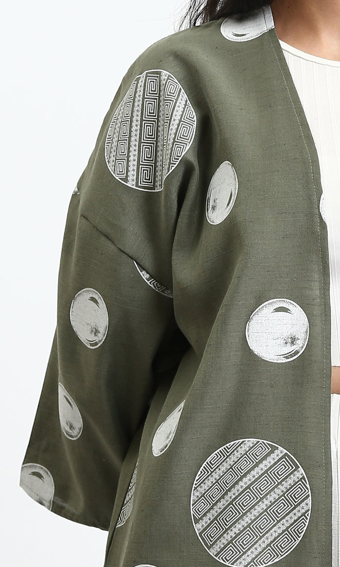 R206064 - Polka Dots Long Sleeves Cardigan - Olive & White
