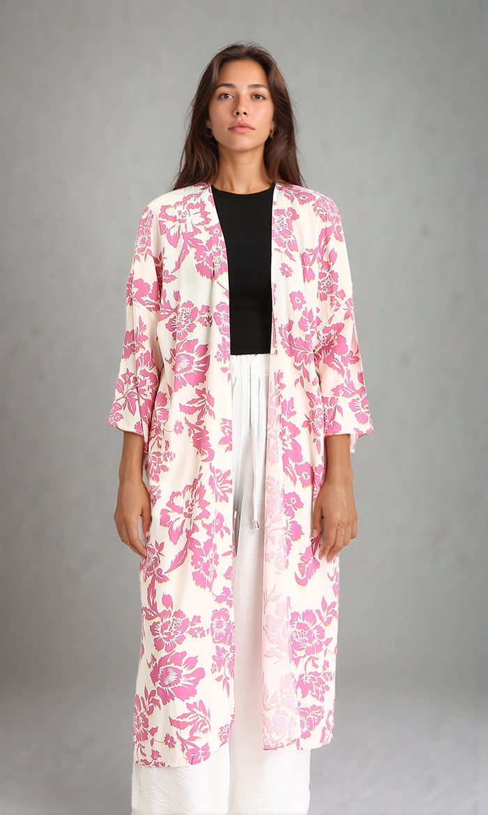 Open Neckline Casual Floral Cardigan - Hot Pink & Beige