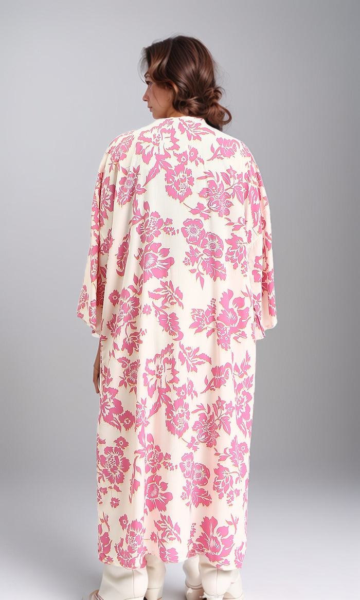 R206066 - Open Neckline Casual Floral Cardigan - Hot Pink & Beige