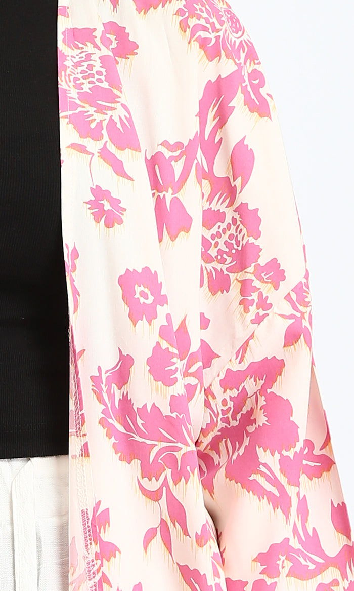 R206066 - Open Neckline Casual Floral Cardigan - Hot Pink & Beige