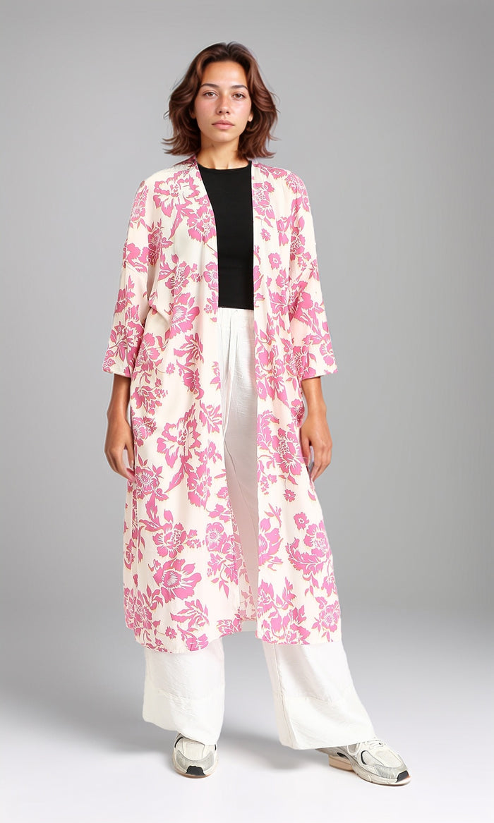 R206066 - Open Neckline Casual Floral Cardigan - Hot Pink & Beige