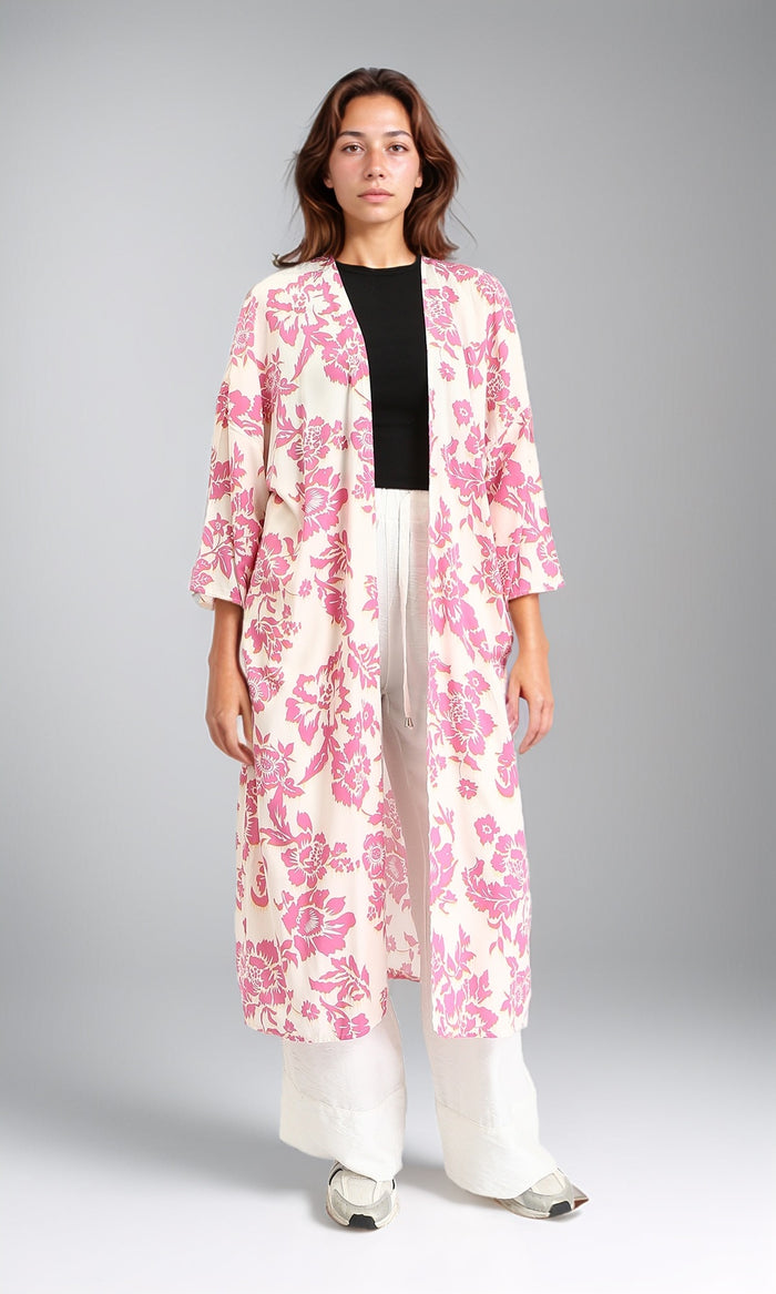 R206066 - Open Neckline Casual Floral Cardigan - Hot Pink & Beige