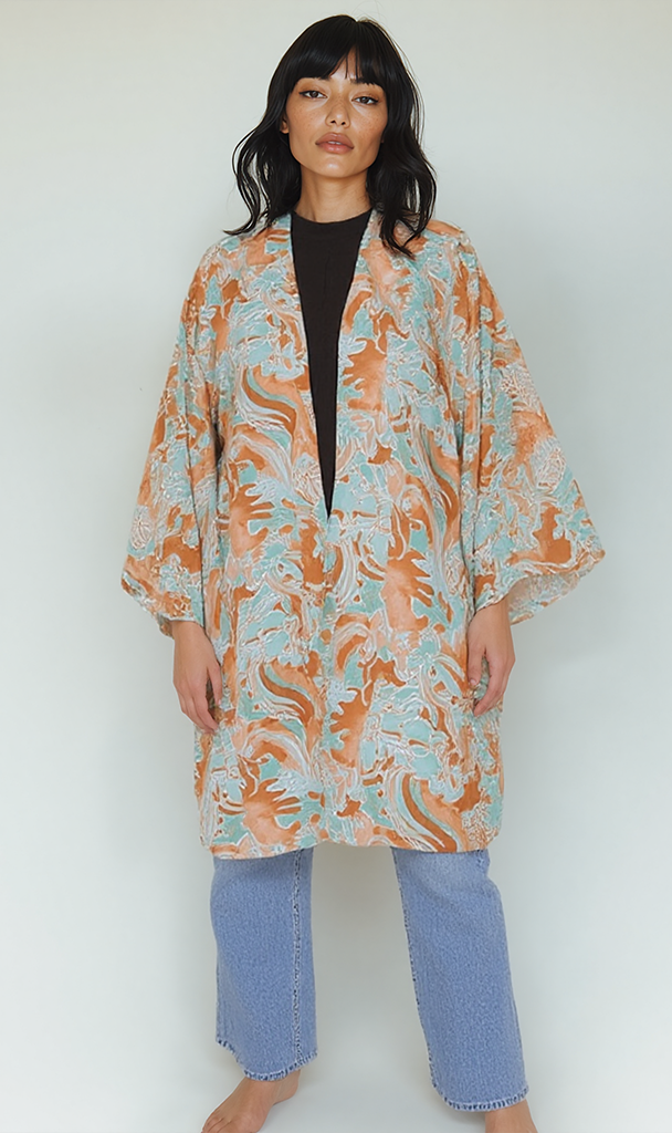 Printed Chiffon Kimono - Blue & Orange Swirls