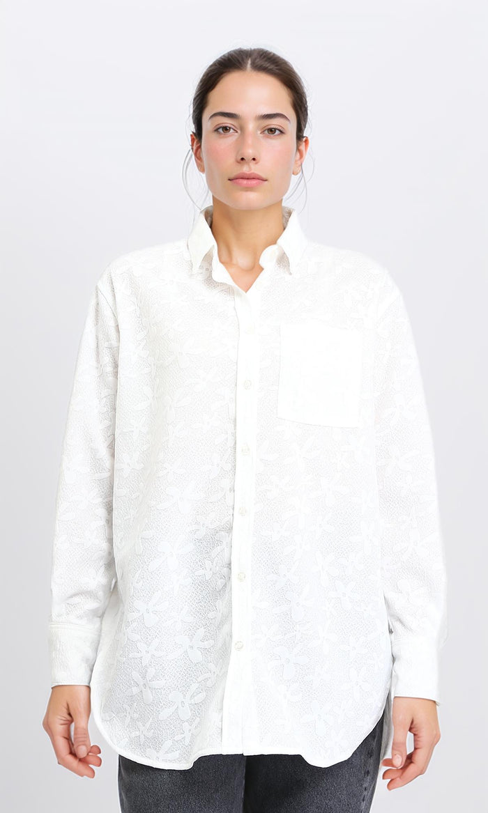 Long Sleeve Cotton Floral Shirt - White