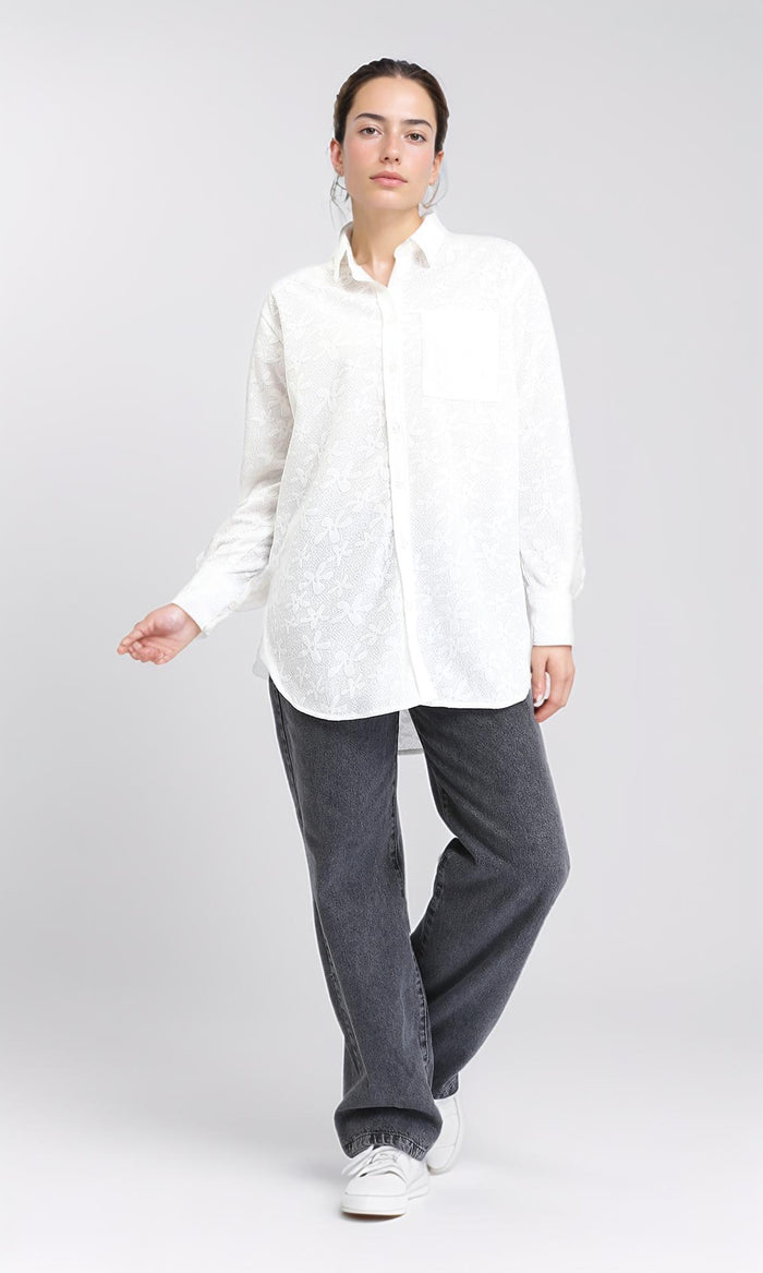 R206078 - Long Sleeve Cotton Floral Shirt - White