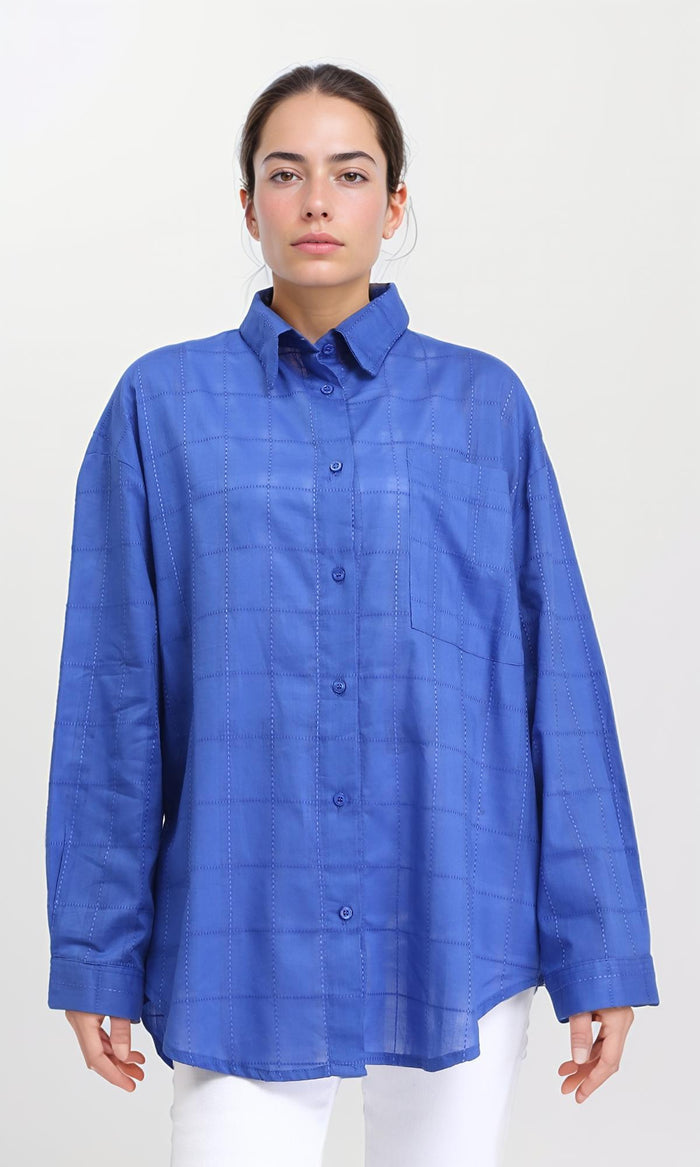 Turn Down Collar Plaids Shirt - Blue