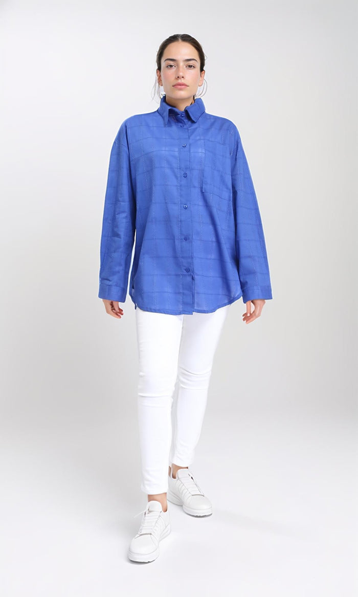 R206083 - Turn Down Collar Plaids Shirt - Blue