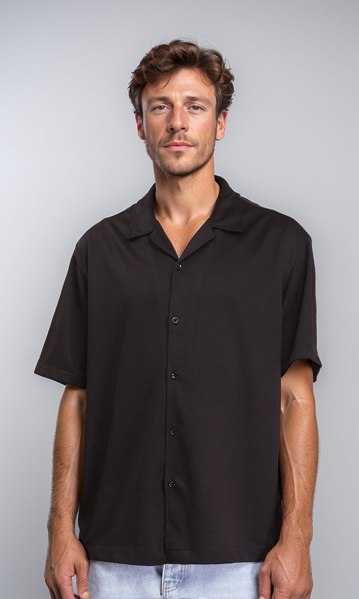 Self Pattern Shirt with Classic Collar - Black