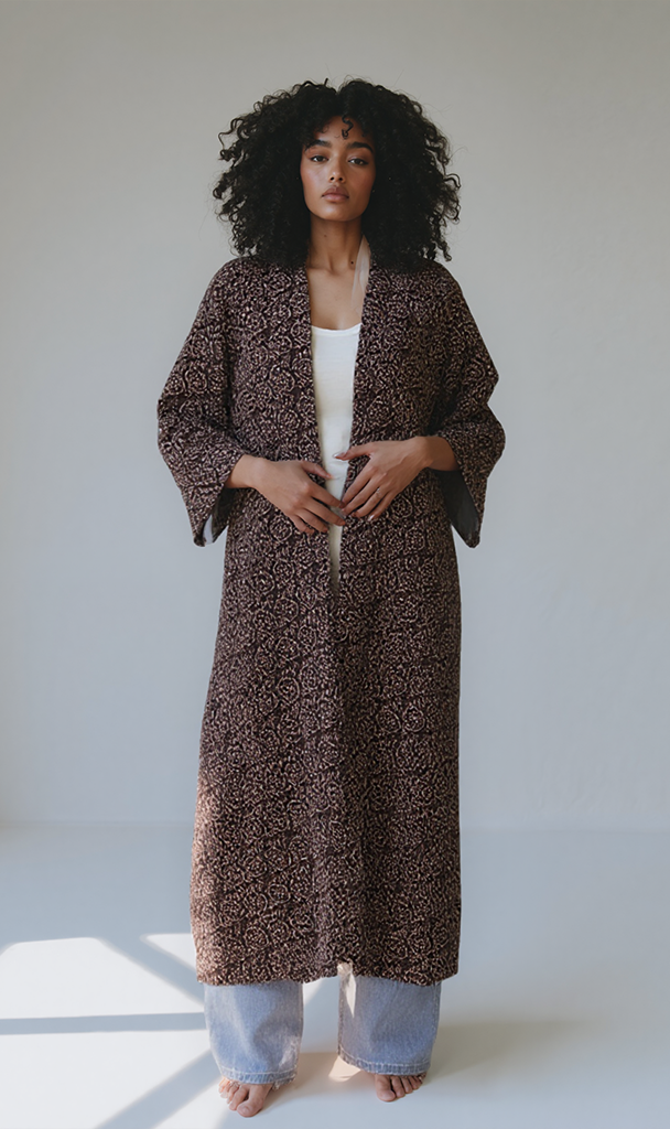 Printed Linen Look Kimono - Dark Brown & Beige Abstract