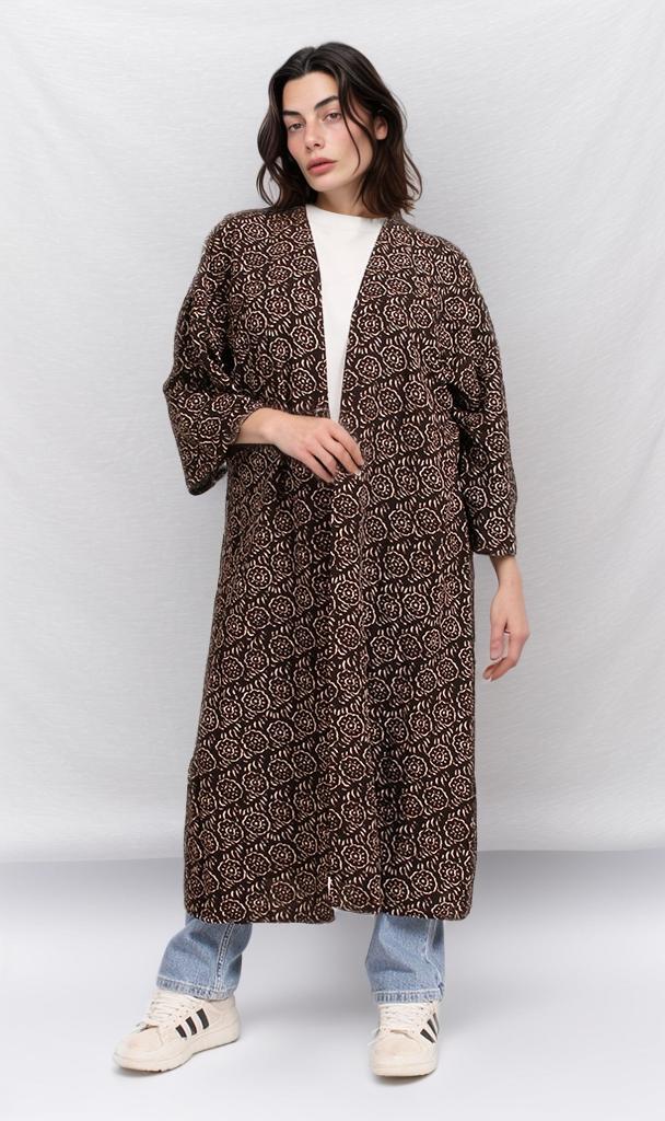 R206340 - Printed Linen Look Kimono - Dark Brown & Beige Abstract